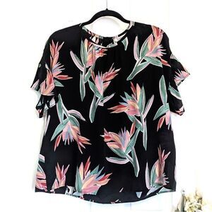 Tucker Lola Top Birds of Paradise Crepe de Chine Silk Blouse Floral Short Sleeve